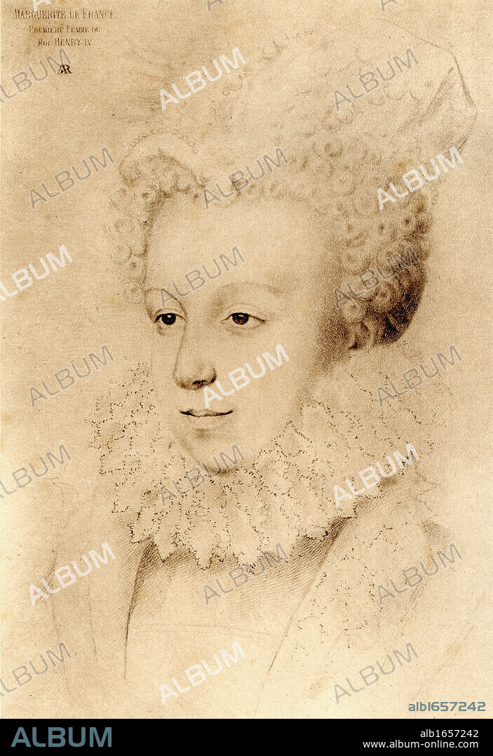 Queen Margot, Margeurite de Valois, 1553-1615 aged 20. 1st wife of Henry IV, daughter of Henry II of France and Catherine de Medicis. From an engraving after a drawing by an unknown artist.