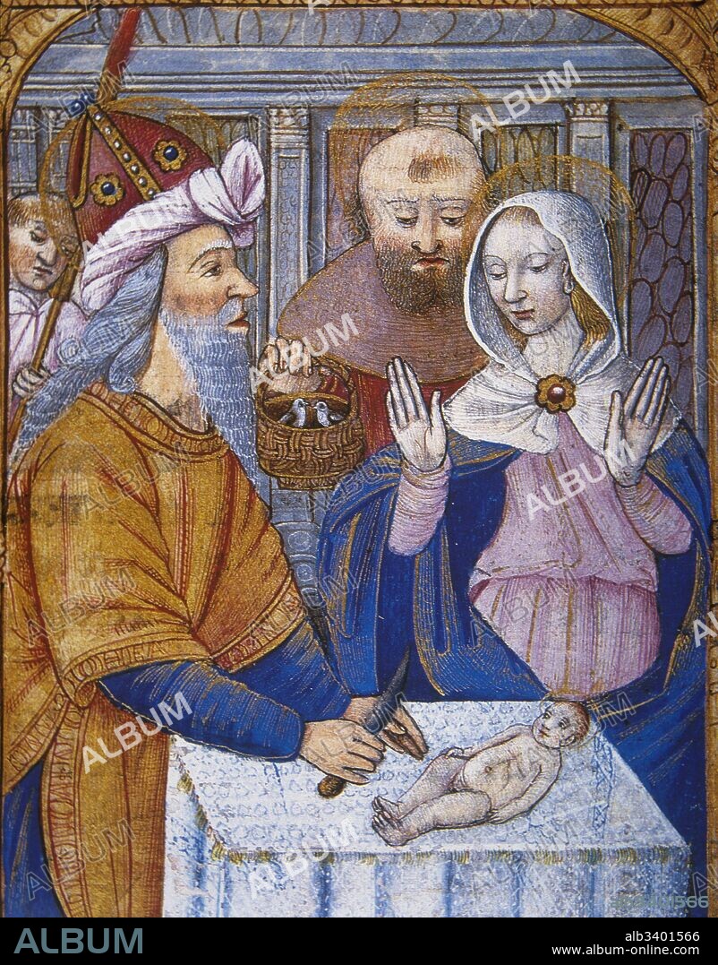 Libro de hora (horarium), siglo XV. Manuscrito iluminado medieval de devoción cristiana. " Circuncisión". Libro de Horas del maestro iluminador anónimo Maestro de Jeanne de Laval, activo enre 1430-1480 en Angers. Miniatura, siglo XV. Museo Condé. Castillo de Chantilly. Francia.