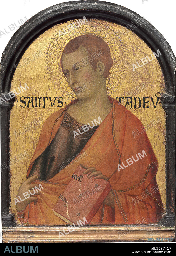 SIMONE MARTINI. Saint Judas Thaddeus. Dated: c. 1315/1320. Dimensions: painted surface: 26 x 19.7 cm (10 1/4 x 7 3/4 in.)  overall: 30.7 x 23.3 cm (12 1/16 x 9 3/16 in.)  framed: 44.4 x 60 cm (17 1/2 x 23 5/8 in.). Medium: tempera on panel.