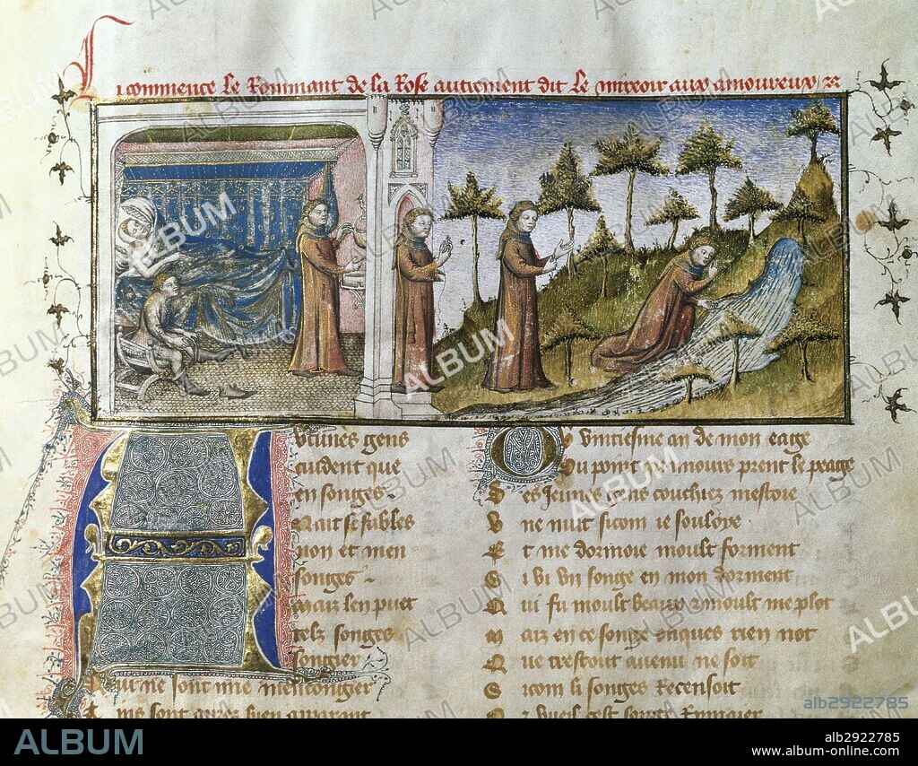 LITERATURA FRANCESA. SIGLO XIII. LORRIS, Guillaume de (h. 1205-1240). "LE ROMMANT DE LA ROSE". Poema didáctico-alegórico. Código alegórico del amor cortés. Miniatura del folio 2. Biblioteca Histórica de la Universidad de Valencia. España.