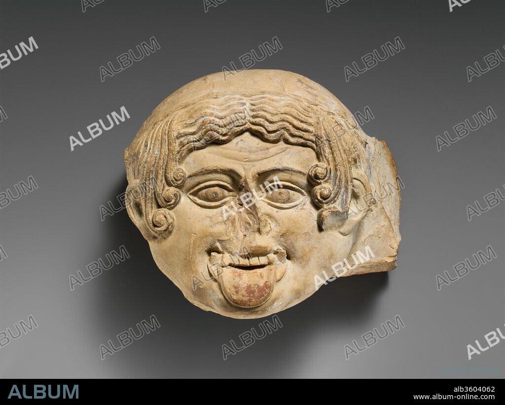 Terracotta antefix (roof tile). Culture: Greek. Dimensions: Other: 6 × 6 1/4 × 2 1/2 in. (15.2 × 15.9 × 6.4 cm). Date: ca. 500 B.C..
Life-size; from the eave of a building.