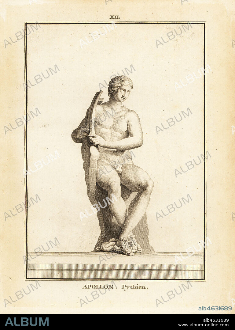 Statue of Pythian Apollo, patron of Delphi, with lyre. Copperplate engraving by Francois-Anne David from Museum de Florence, ou Collection des Pierres Gravees, Statues, Medailles, Chez F.A. David, Paris, 1787. David (1741-1824) drew and engraved the illustrations based on Roman statues, engraved stones and medals in the collection of the Museum de Florence and the cabinet of curiosities of the Grand Duke of Tuscany.