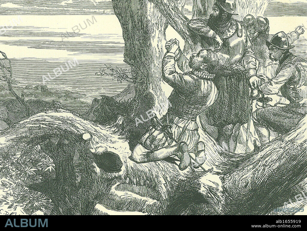 Francis Drake (c1540-1596) English navigator and privateer, on the Isthmus of Panama in 1572 becoming the first Englishman to see the Pacific Ocean. Late 19th century illustration.