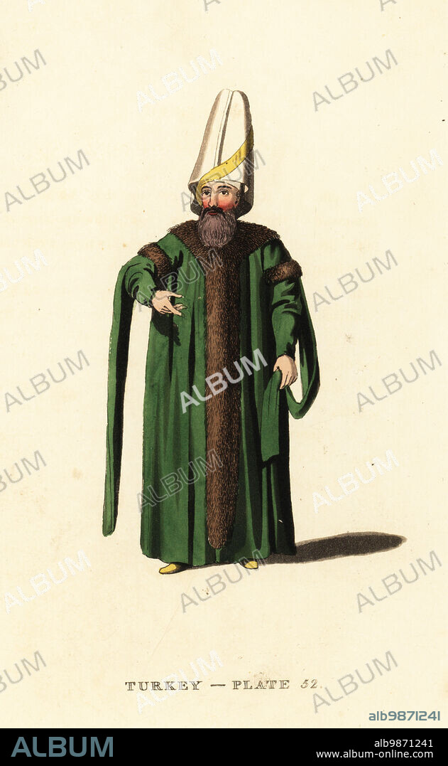 Capitan Pasha or High Admiral of the Turkish Navy, Ottoman Empire. Former slave to the Sultan. In tall headdress, pelisse coat trimmed with fur, yellow slippers. Handcoloured copperplate engraving after Octavian Dalvimart from William Alexanders translation of Picturesque Representations of the Dress and Manners of the Turks, Thomas MLean, London, 1814.