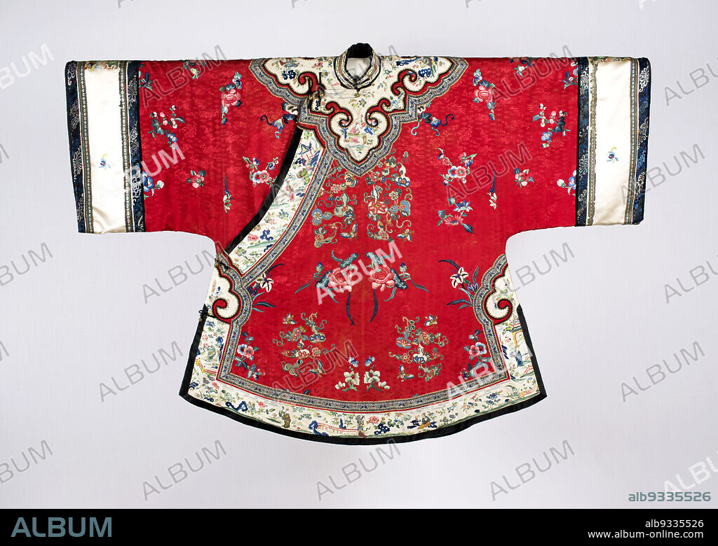 Han Chinese Woman's Informal Three-Quarter-Length Coat (ao) with Design of Flowers and Butterflies, Chinese, Qing dynasty, 16441911, late 19th century, Silk damask, applied embroidered satin borders, satin stitch, French knot, gold foil wrapped thread embroidery, Made in China, Asia, Costume & clothing, textiles, length: 40 in. (101.6 cm).