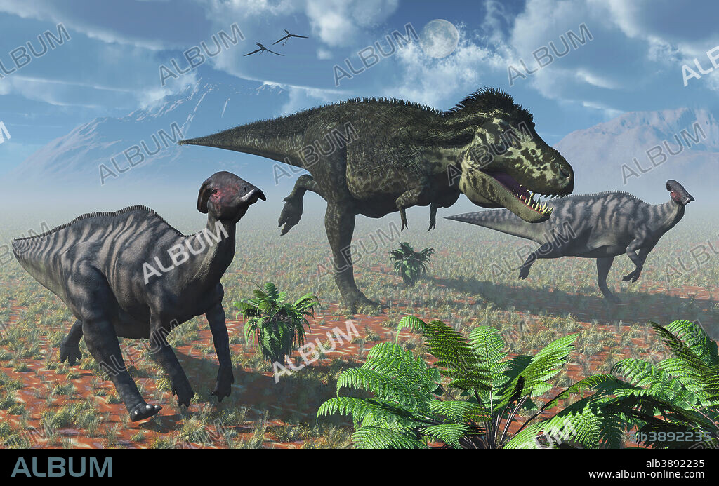 Tyrannosaurus Rex attacking a small herd of Parasaurolophus duckbill dinosaurs.