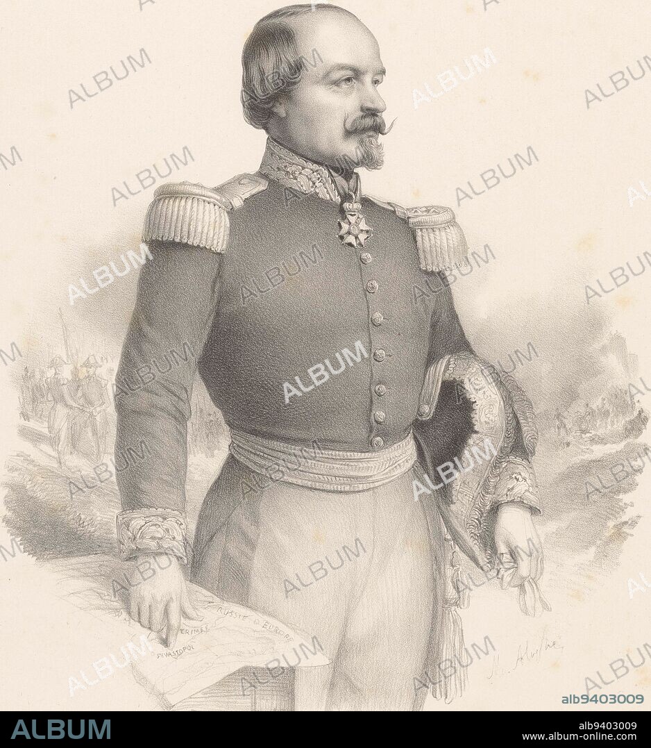 Portrait of General François Certain Canrobert, Marie Alexandre Alophe, 1854, print maker: Marie Alexandre Alophe, (mentioned on object), printer: Joseph Rose Lemercier, (mentioned on object), publisher: Goupil & Cie., (mentioned on object), Paris, 1854, paper, h 531 mm × w 378 mm.