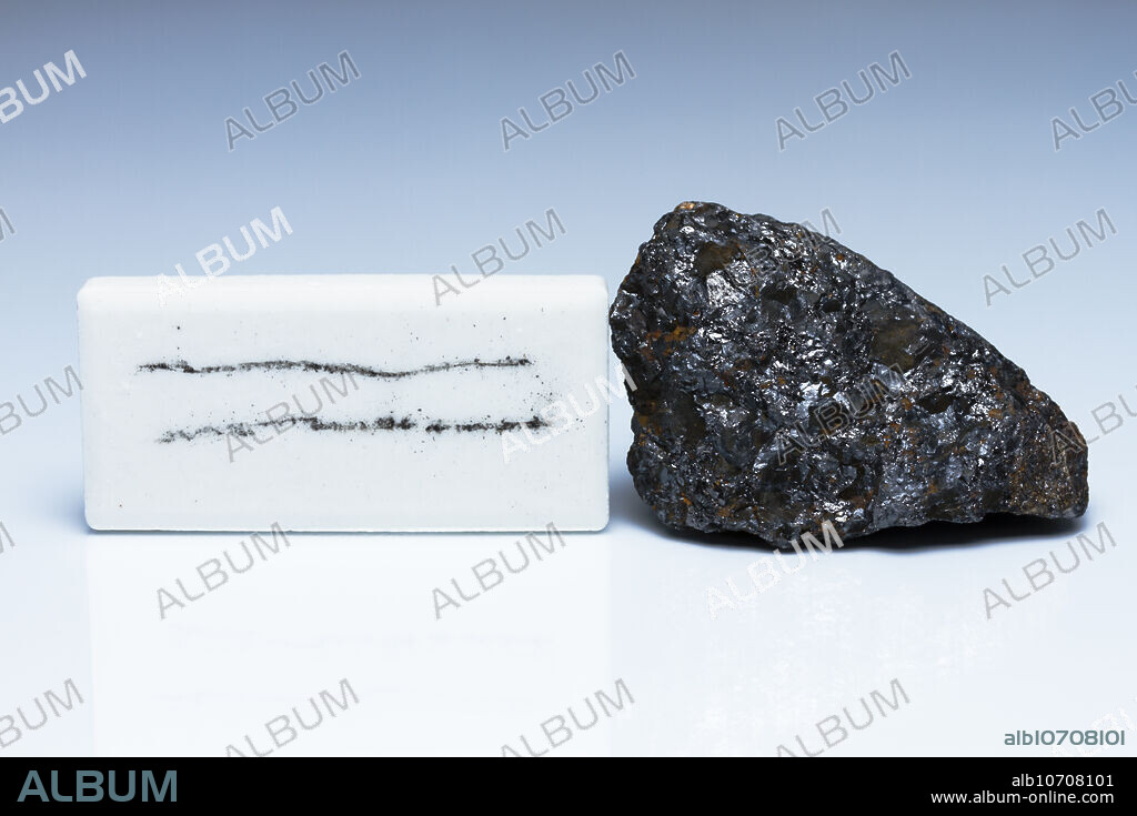 Magnetite streak test. The streak test is used to determine the colour of a mineral in powdered form. It is done by scraping a specimen across a piece of unglazed porcelain known as a streak plate. Magnetite has a black streak. Magnetite is composed of iron oxide (Fe3O4, iron(II,III) oxide). It is a naturally-occurring ferromagnetic and can be magnetized to become a permanent magnet. Magnetite is an important ore of iron.