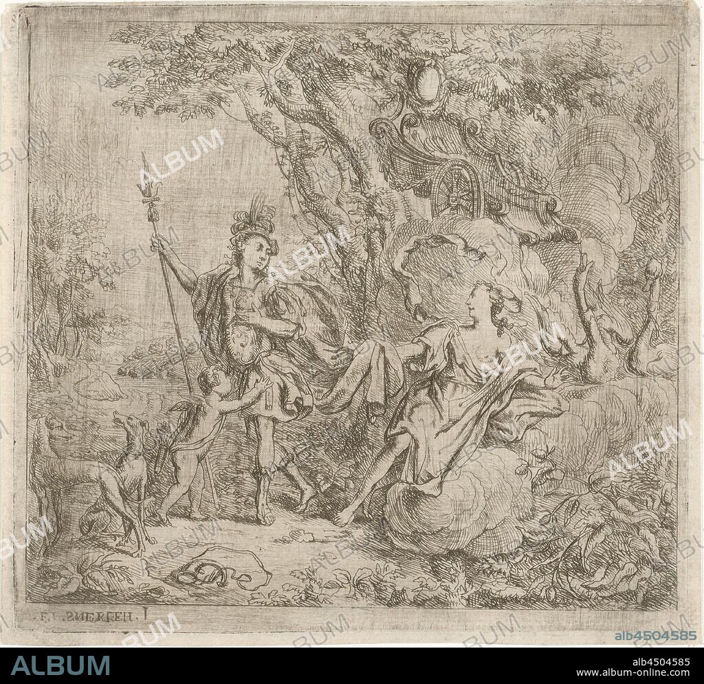 Venus tries to keep Adonis from hunting, Venus pulls on Adonis' clothing to stop him from hunting because she fears an accident. Her car pulled by swans on a cloud on the right. In the foreground Adonis' hunting horn and dogs., Venus trying to prevent Adonis from going hunting, Jacob Herreyns (I) (mentioned on object), Antwerp, 1671 - 1732, paper, etching, h 161 mm × w 173 mm.