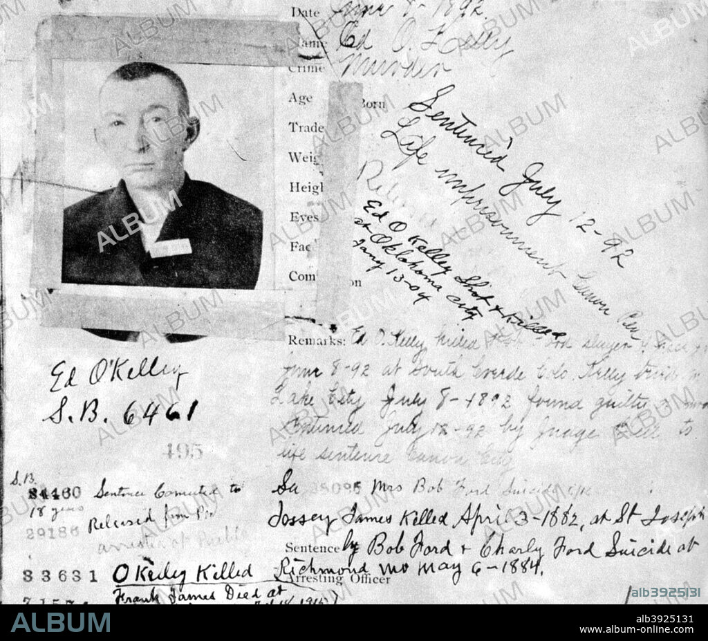 The blotter on the man who killed Robert Ford, c1892 (1954). Robert Ford was the man who killed the famous outlaw Jesse James in 1882. He was himself murdered in 1892, shot by Edward O'Kelley. A print from the Pictorial History of the Wild West, by James D Horan and Paul Sann, Spring Books, London, 1954.