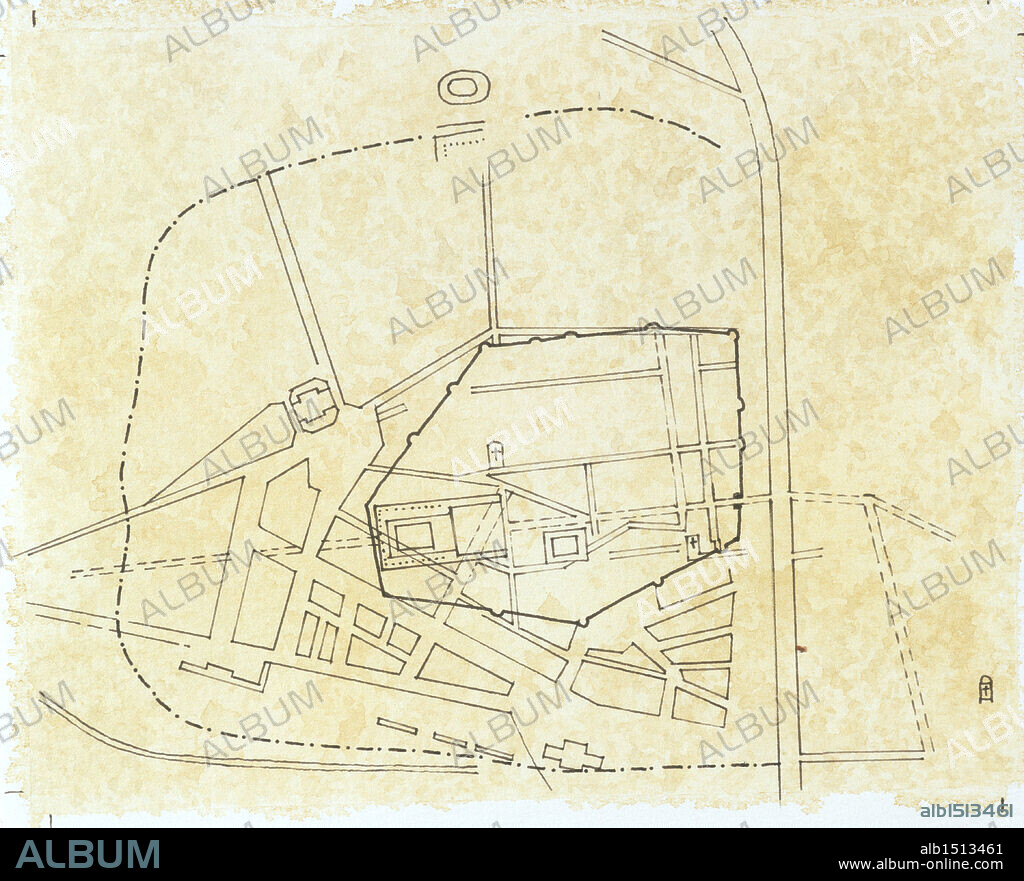 Cartography - Roman civilization. Map of Narbo Martius in the Roman province of Gallia Transalpina (now Narbonne, France). Drawing.