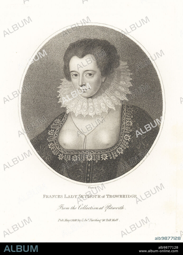 Frances, Lady Seymour of Throwbridge, died 1626. Wife of Francis Seymour, 1st Baron Seymour of Trowbridge. In wide lace collar, low-cut bodice, embroidered gown. From a painting by William Larkin in the north gallery at Petworth House. Also identified as Lady Anne Sackville, Lady Beauchamp (15861664). Copperplate engraving by Platt from John Adolphus The British Cabinet, containing Portraits of Illustrious Personages, printed by T. Bensley for E. Harding, 98 Pall Mall, London, 1799.