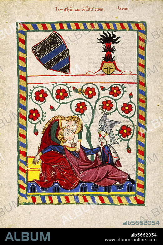 ANONYME. Enluminure, Zürich v. 1310-1340. Konrad von Altstetten, de retour de la chasse au faucon se repose sur le sein de sa dame. In : Große Heidelberger Liederhandschrift. (Codex Manesse). Heidelberg, Bibliothèque de l'université Cod. Pal. Germ. 848 fol. 249v. Heidelberg, Universitätsbibliothek.