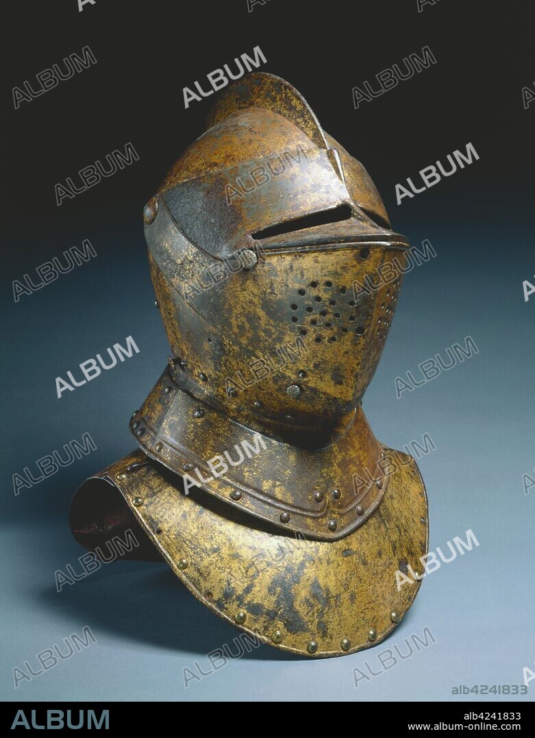 Close Helmet (from a funerary achievement?), c.1590-1625. Holland (?), late 16th-early 17th Century. Gilded steel (invaded with rust); red velvet lining, plume holder; overall: 33 x 34 x 21.3 cm (13 x 13 3/8 x 8 3/8 in.).