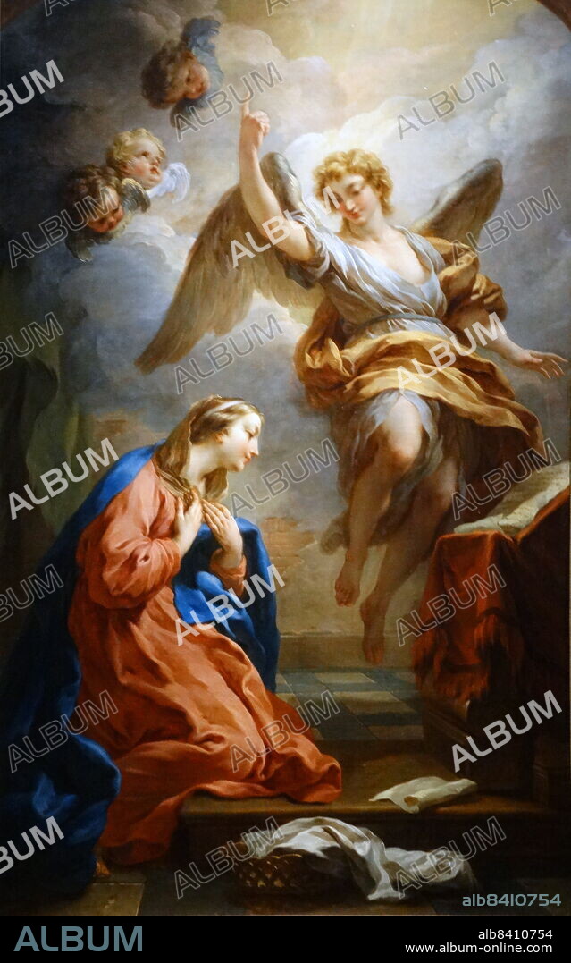 The Annunciation, 1727 painting by Francois Lemoyne or Francois Le Moine (1688 - 4 June 1737) was a French rococo painter.