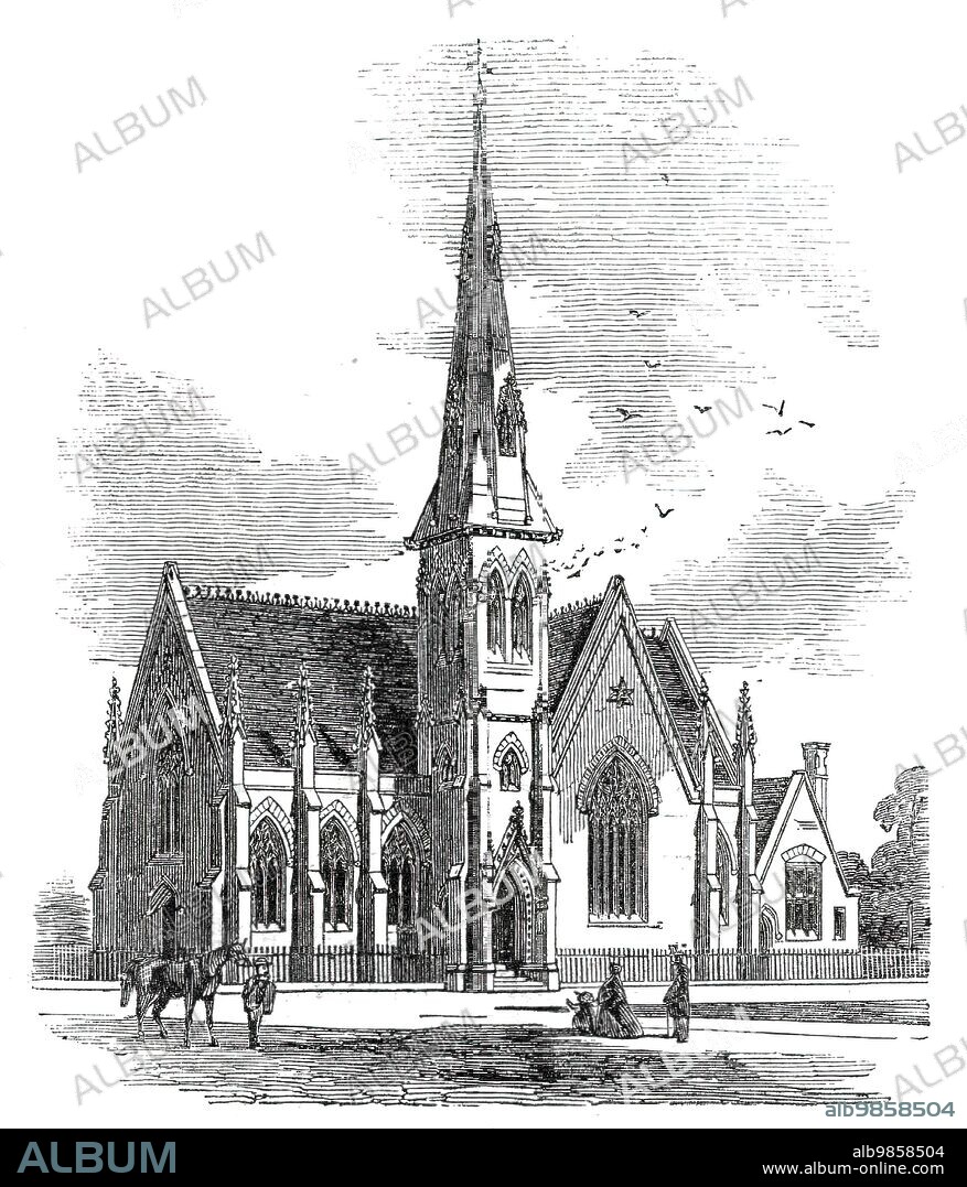 Chelsea new congregational church, Markham-Square, 1860. 'This chapel, built by the congregation of the Rev. J. Clifford Hooper, has been recently opened for public worship, and is the only place of worship for the Independent body in Chelsea...The form of the building is slightly cruciform, having transepts projecting about five feet from the body of the chapel. The prominent feature of the exterior is a tower and spire rising from the west side of the southern transept to the height of 138 feet. The proportions are well conceived and the effect good. The style of the building is in the second period of the Gothic; and as regards the general design, as well as the execution, is considered to be superior to any chapel of the kind belonging to the Congregationalists in the metropolis. The chapel will accommodate 1150 adults, and there are lofty and extensive school rooms calculated to seat 820 children. The building has been erected from a design by John Tarring, Esq., of Bucklersbury, and the contractors were Messrs. Myers, of Lambeth, to all of whom great praise is due for the beauty of the conception and the stability of the structure'. From "Illustrated London News", 1860.