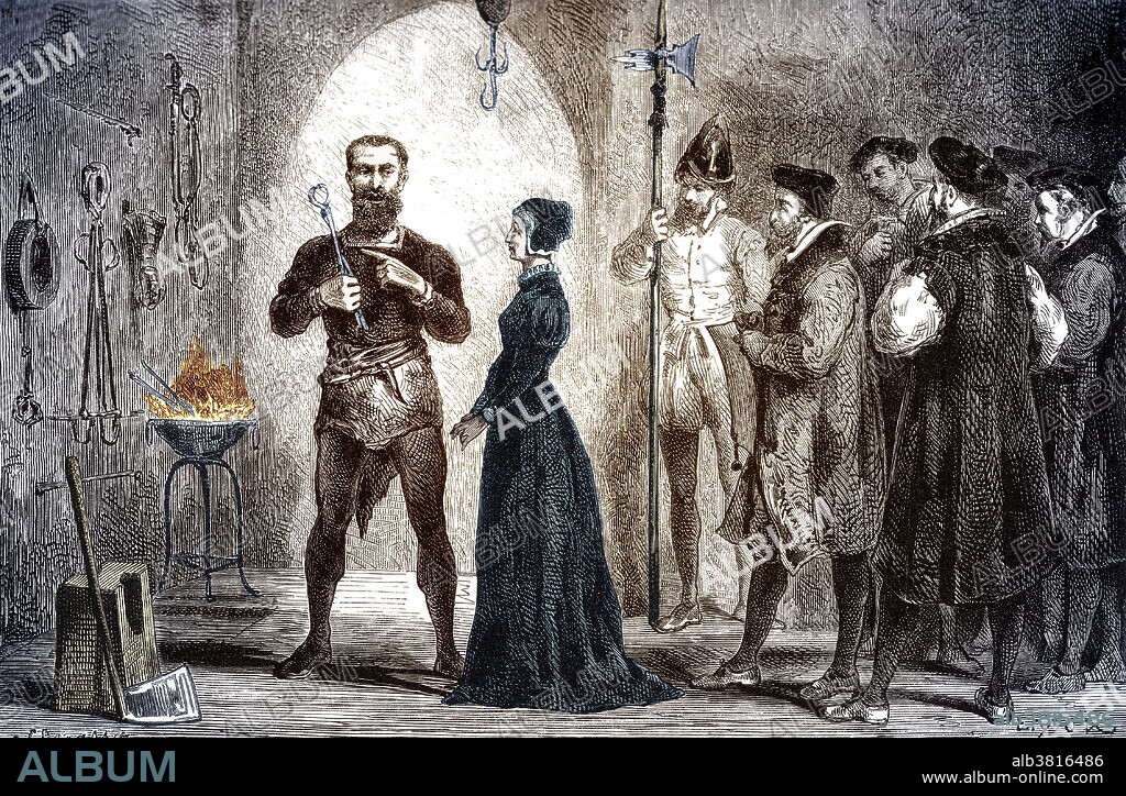 The executioner of Stuttgart shows the mother of Kepler the instruments of torture he will use on her if she does not confess. Katharina Kepler (1546 - 1622), born Katharina Guldenmann, was married to Heinrich Kepler and had one daughter and three sons; one of them Johannes, would become the great mathematician and astronomer. In 1615, a witch trial was initiated by Lutherus Einhorn who in his reign as Vogt of Leonberg (1613 - 1629) accused 15 women of sorcery and executed 8 of them. Johannes Kepler defended his mother himself, and was allowed to take her away in December 1616. When she returned to Leonberg in the summer of 1620, she was arrested and imprisoned for 14 months. She was told how she would be tortured, as a means of frightening her, but she refused to confess. In October 1621, Kepler was able to effect her release. Katharina Kepler died the following year.