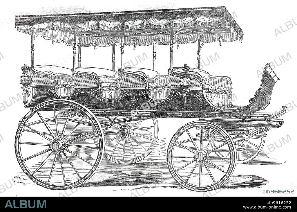 Char-a-Banc for the Queen of Portugal, 1850. 'Two beautiful Chars-à-Banc...have just been completed at the establishment of Messrs. Thrupp and Co., in Oxford-street, for her Majesty the Queen of Portugal, and are intended for her Majesty's use during the summer sojourn of the Court at the Royal residences of Cintra and Mafra. The carriages are exceedingly elegant, and are finished in the highest style...The seats have caned sides, and are lined with pearl-coloured Spitalfields silk, trimmed with handsome lace, of the grape-vine pattern, designed expressly for these carriages. The lamps are elegant in shape, and richly ornamented with chased brass and Bohemian glass'. From "Illustrated London News", 1850.