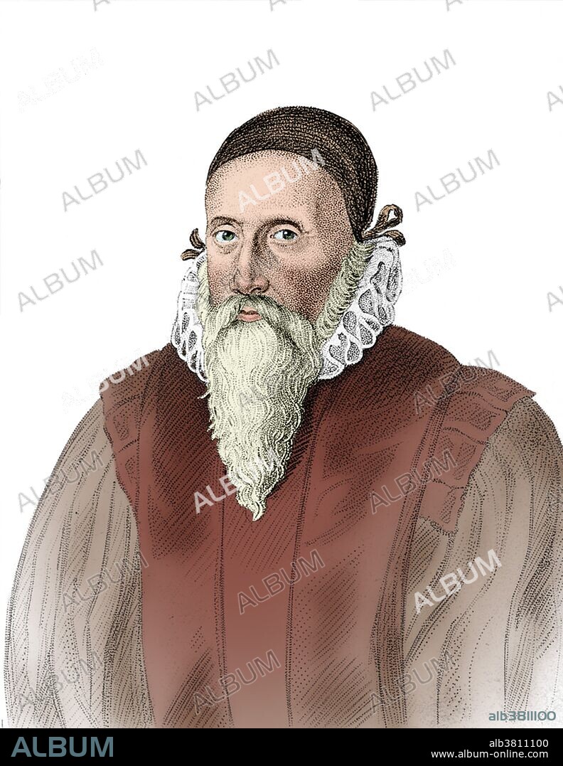 Color enhanced portrait of John Dee (1527-1608 or 1609), an English mathematician, astronomer, astrologer, occultist, navigator, imperialist and consultant to Queen Elizabeth I. He devoted much of his life to the study of alchemy, divination and Hermetic philosophy. One of the most learned men of his age, he had been invited to lecture on advanced algebra at the University of Paris while still in his early twenties. Dee was an ardent promoter of mathematics and a respected astronomer, as well as a leading expert in navigation. Dee immersed himself in the worlds of magic, astrology and Hermetic philosophy. He devoted much time and effort in the last thirty years or so of his life to attempting to commune with angels in order to learn the universal language of creation and bring about the pre-apocalyptic unity of mankind. He spent his final years in poverty and was forced to sell off various of his possessions to support himself and his daughter, Katherine, who cared for him until the end. He died in 1608 or early 1609 aged 82. This image has been color enhanced.
