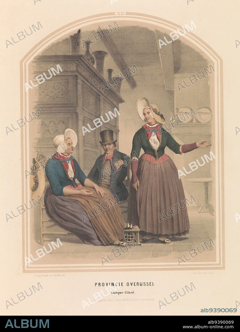 Costume of Kampen in Overijssel, 1857, Province Overijssel Kamper-Eiland, XII (title on object), Costume of Kampen in province of Overijssel. Man with two women in interior. Illustration in an 1857 book with 56 plates of Dutch costumes., print maker: Ruurt de Vries (mentioned on object), intermediary draughtsman: Jan Braet von Uberfeldt (mentioned on object), print maker: Netherlands, intermediary draughtsman: Netherlands, intermediary draughtsman: Netherlands, publisher: Amsterdam, 1857, paper, height 523 mm × width 350 mm.