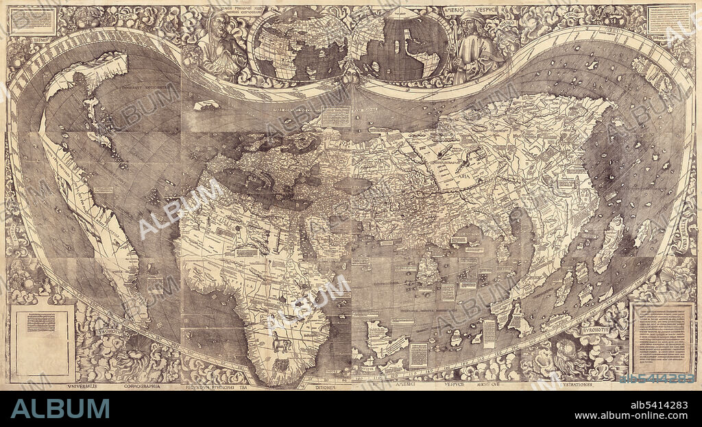 Universalis cosmographia secundum Ptholomaei traditionem et Americi Vespucii aliorumque lustrationes. Martin Waldseemüller (September 11, 1470 - March 16, 1520) was a German cartographer. In 1507 he produced a globular world map and a large 12-panel world wall map using the information from Columbus and Vespucci's travels (Universalis Cosmographia), both bearing the first use of the name America . The globular and wall maps were accompanied by a book Cosmographiae Introductio, an introduction to cosmography. The wall map was lost for a long time, but a copy was found in Schloss Wolfegg in southern Germany by Joseph Fischer in 1901.