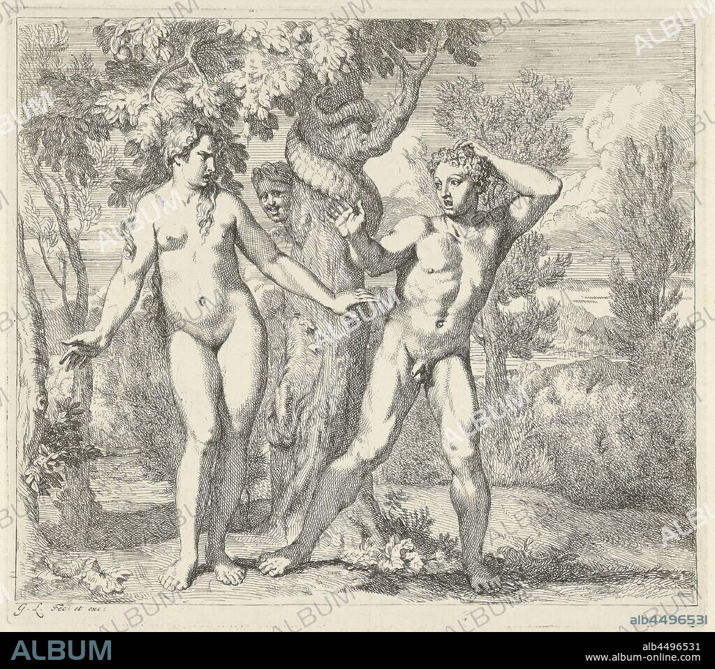 De Zondeval Scenes from Genesis (series title), Adam and Eve stand in Paradise next to the tree of knowledge of good and pissed off. Both are scared of the snake with the female head winding around the trunk of the tree. The print is part of a seven-part series with scenes from the Bible book Genesis., Temptation and Fall (scenes with both Adam and Eve), Gerard de Lairesse (mentioned on object), 1665, paper, etching, h 222 mm × w 251 mm.