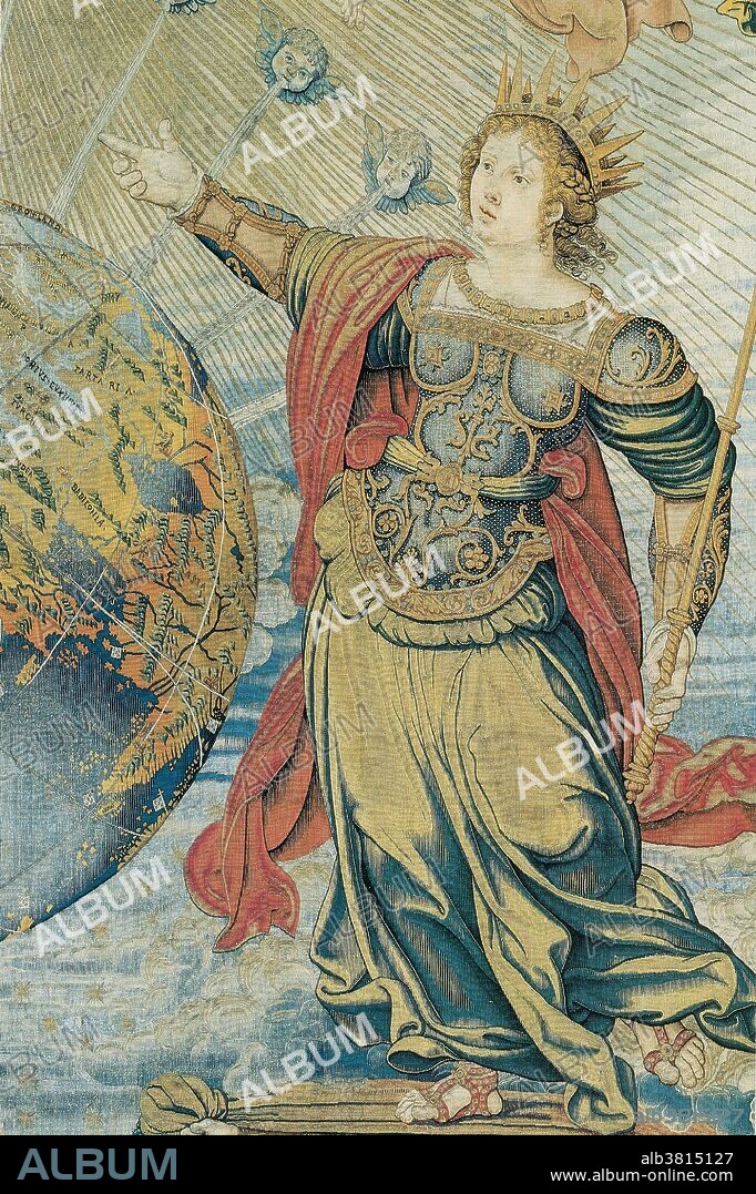 Juno, the warlike Roman goddess, as depicted in 'Earth under the Protection of Jupiter and Juno', c. 1520-30, a tapestry of gold, silver, silk and wool. From one of three extant panels of a series known as 'The Spheres'. The tapestries were woven for King John III of Portugal (born 1502, enthroned 1521, died 1557) and his wife, Catherine of Austria (born 1507, died 1578), a member of the Hapsburg family.