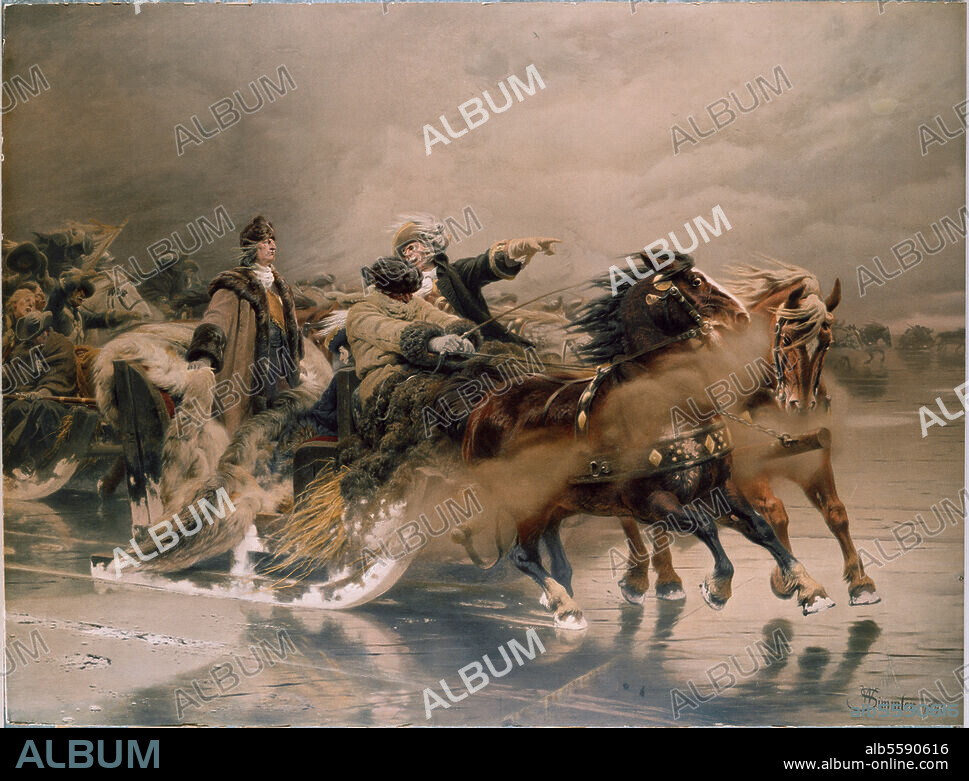 Frederick William, 1620 - 1688, Elector of Brandenburg and Duke of Prussia, thus ruler of Brandenburg-Prussia, from 1640 until his death in 1688. "Curonian Lagoon, January 10, 1679". (War between Sweden and Brandenburg 1675-79: The Elector of Brandenburg in a sleigh, in persuit of the Swedish army near Riga known as the  "The Great Sleigh Drive"). Painting, c.1886, by Wilhelm Simmler. Formerly Berlin, Armoury (Hall of Fame).