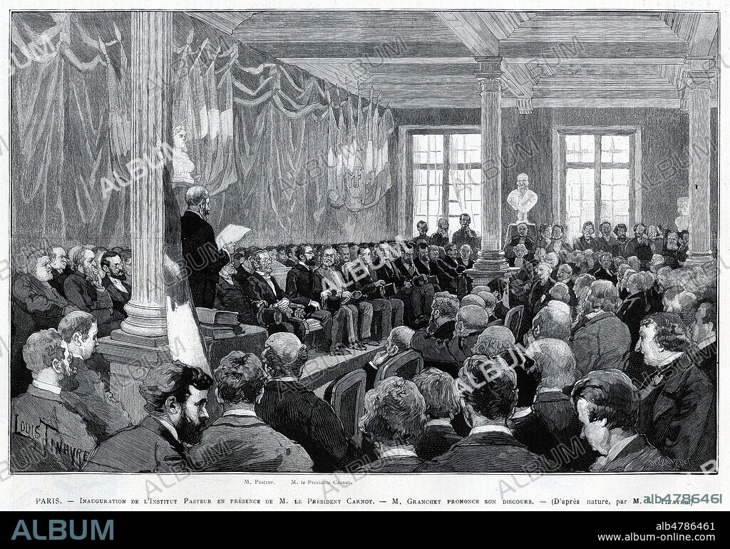 Inauguration de l'Institut Pasteur en presence de M. le president Sadi CARNOT (1837-1894). M. GRANCHET prononce son discours. Illustration de Louis TINAYRE (1861-1942) pour le Monde illustre du 24 novembre 1888. Credit : Collection Kharbine-Tapabor.