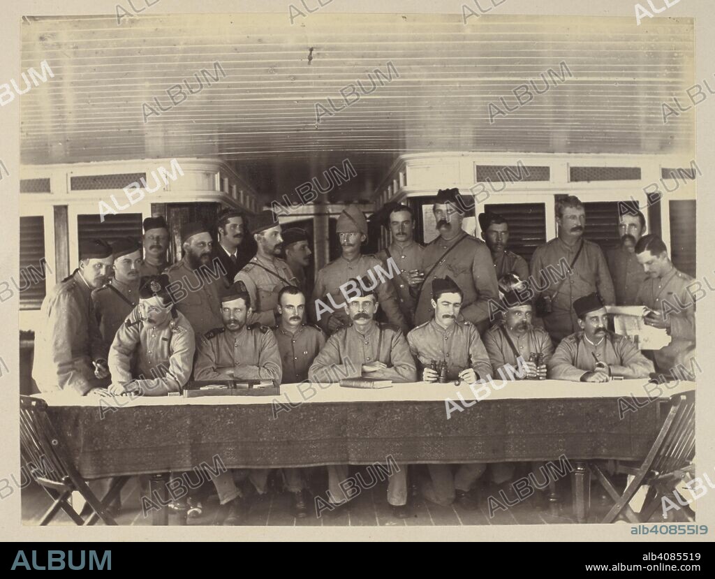 WILLOUGHBY WALLACE HOOPER. A group of officers on board the Irrawaddy Flotilla Co's Steamer 'Irrawaddy' while advancing up the river. This vessel was the temporary home of General H.H. Foord and his Staff and the officers of the 21st MI. 'Burmah. A series of one hundred photographs illustrating incidents connected with the British Expeditionary Force to that country, from the embarkation at Madras, 1st Nov, 1885, to the capture of King Theebaw...'. Nov. 1885. Photograph. Source: Photo 312/(14).
