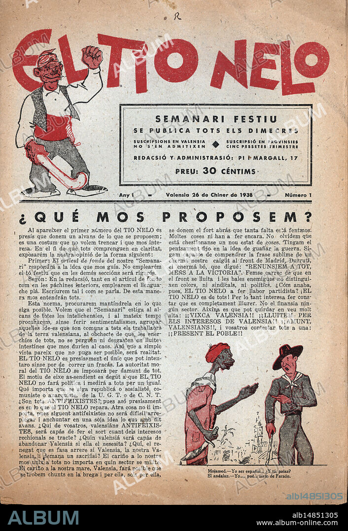 España. Guerra civil (1936-1939). Portada del semanario festivo El Tio Nelo. Valencia, Enero de 1938, año uno, número uno.