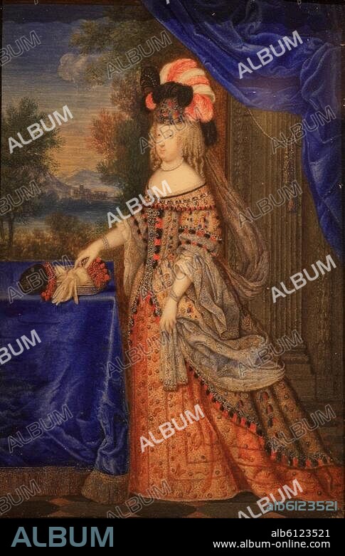 Maria Theresia von Österreich, Königin (Ludwig XIV.) von Frankreich, Madrid 10.9.1638-Versailles 30.7.1683.-Porträt in Kleidung "à la polonaise".-/ Miniatur, 1664, Gebrüder Beaubrun nach Joseph Werner (1637-1710). Gouache auf Pergament, 13 x 10 cm. MV 8372, INV Dessins 672.