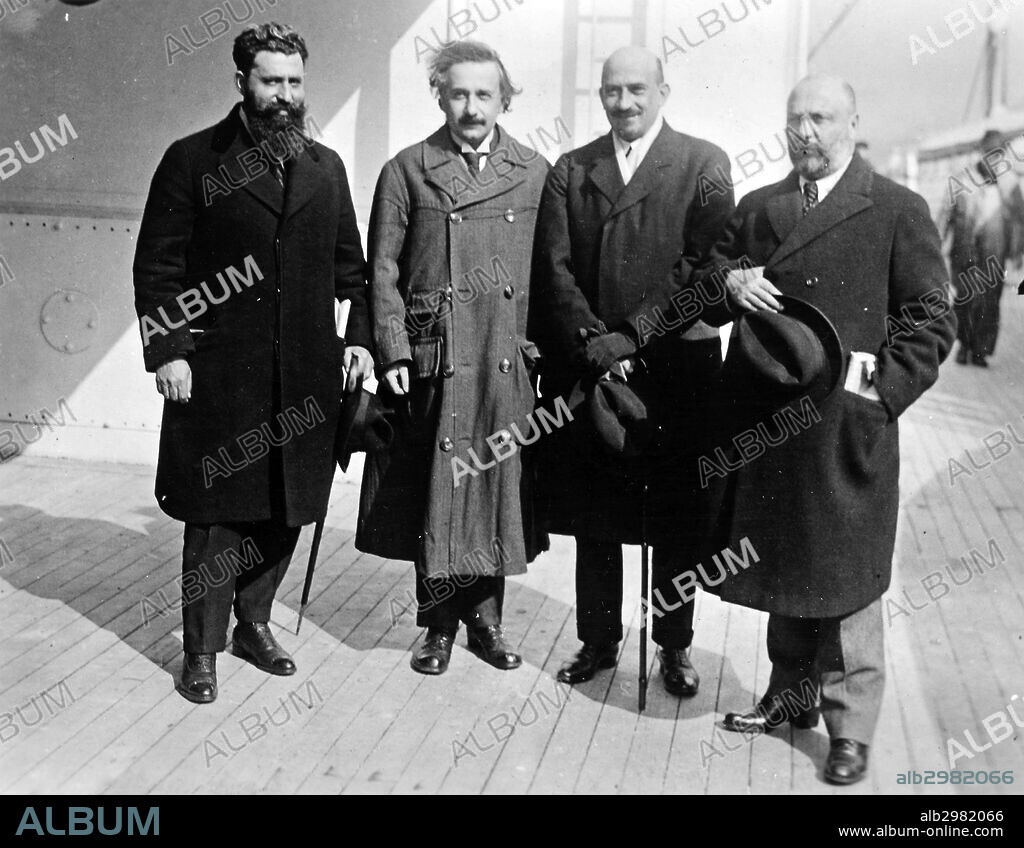 ALBERT EINSTEIN (1879-1955).American (German-born) theoretical physicist. Photographed with Zionist leaders David N. Mosessohn, Chaim Azriel Weizmann and Menachem Ussischkin during a visit to the United States in 1921.