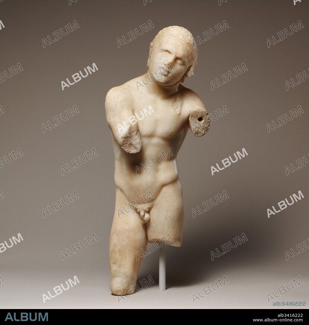 Small marble statue of an athlete, Hellenistic, 3rd or 2nd century B.C., Greek, Marble, H. 17 3/8 in. (44.1 cm), Stone Sculpture, Among the greatest honors accorded ancient Greek athletes were statues dedicated to the gods to commemorate victories in the games held at the Panhellenic sanctuaries and local festivals throughout the Greek world.