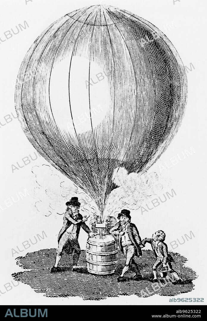 Inflation of Charles and the Robert brothers' hydrogen balloon, 1783 (c1807). Jean and Noel Robert helping Jacques Charles (1746-1823) to inflate the balloon with hydrogen produced by covering a barrel of iron filings with sulphuric acid. On 1 December 1783 Charles and one of brothers made the first manned ascent in a hydrogen balloon, lifting off from the Tuileries Gardens in Paris.