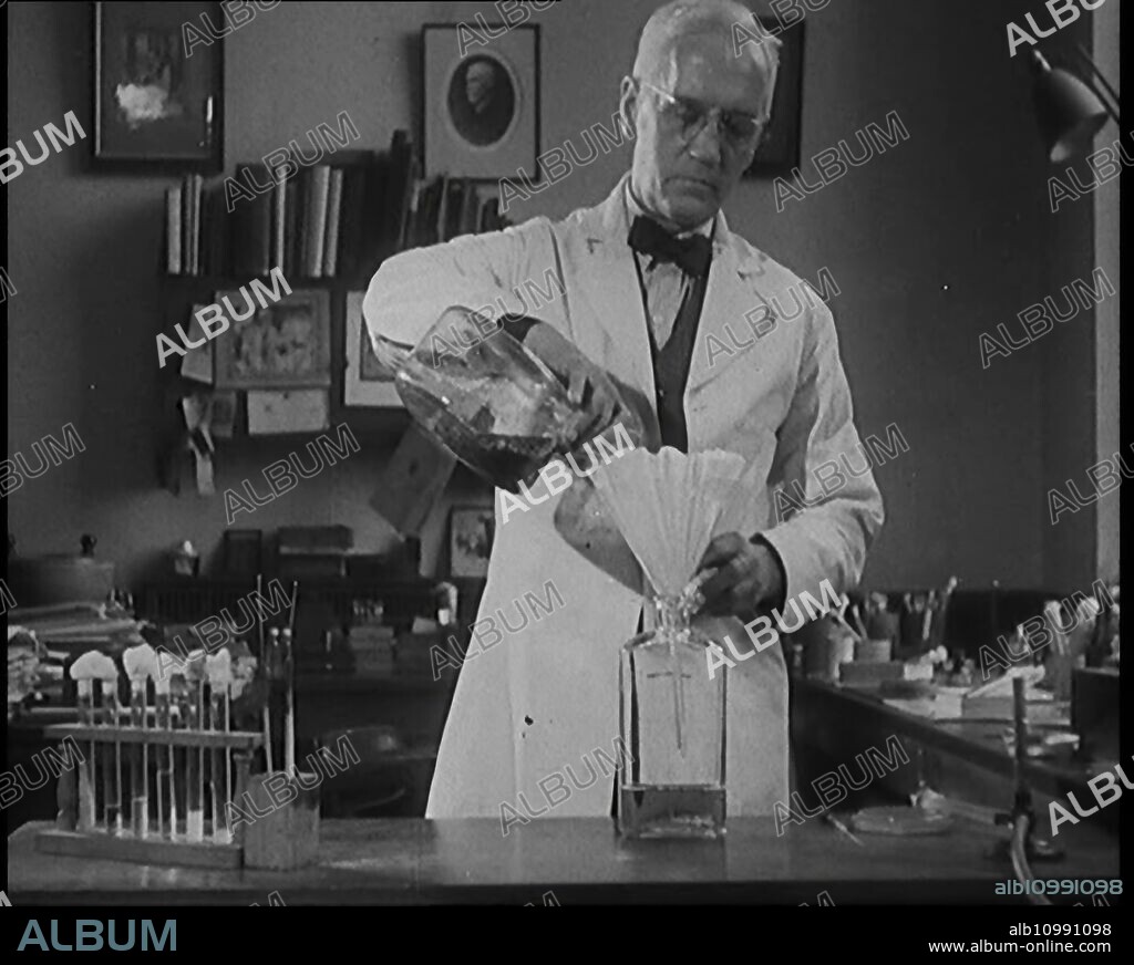 Dr Alexander Fleming, the Inventor of Penicillin, Experimenting in a Laboratory, 1929. From "Time to Remember -  1929 The Time Of The House At Bognor" - Reel 1; a documentary about the world in 1929. Illness of King George V & economic depression.