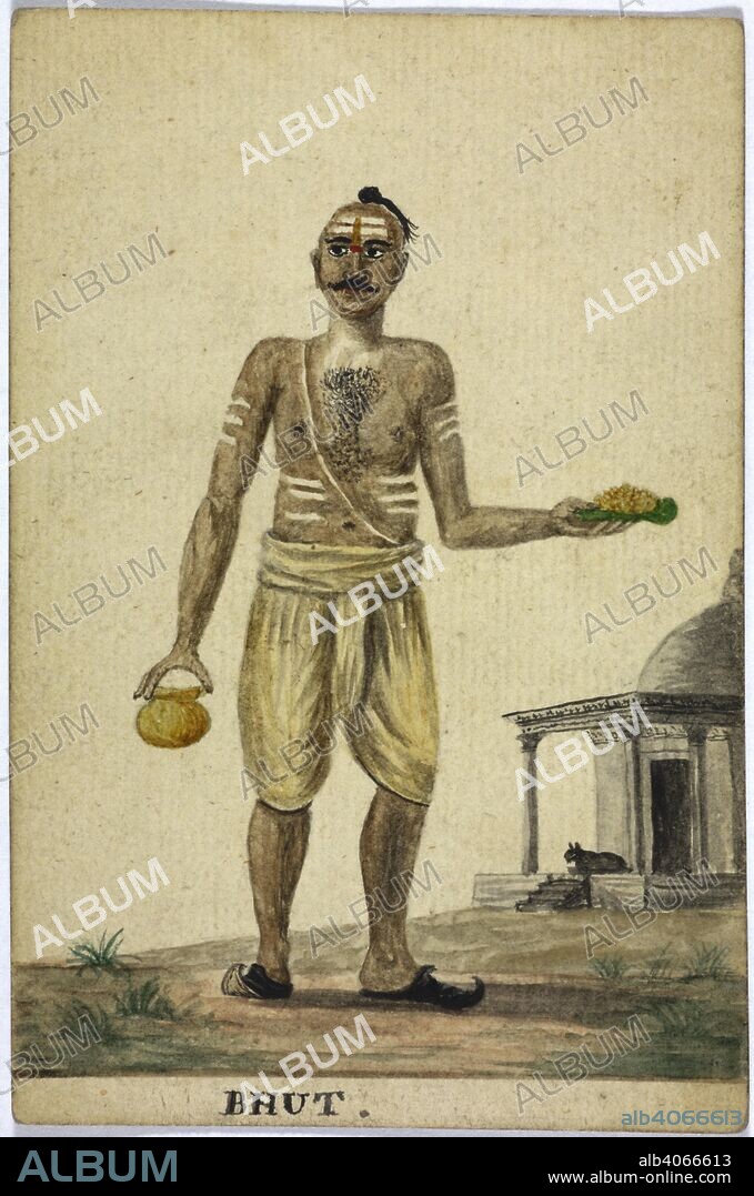 Bhut. Bombay Views and Costume. 1810-11. India. A religious Hindu, who lives in a Pagoda, and watches it's Idols. Source: WD 315 no.36.