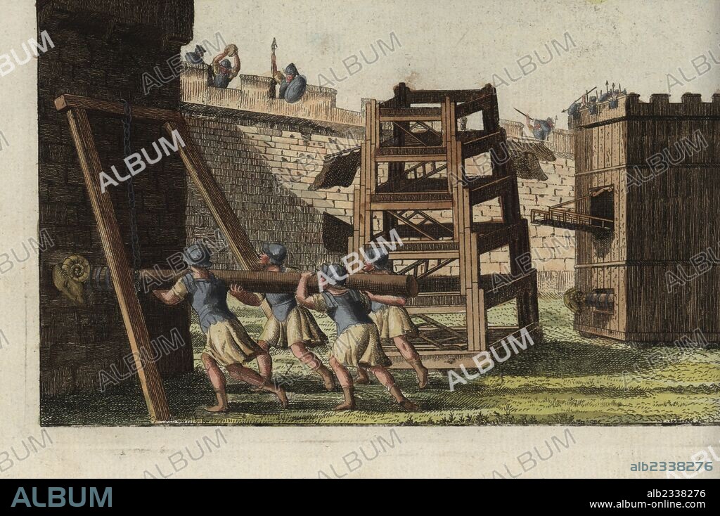 Roman siege engines: siege tower or the Taker of Cities, Helepolis 5, five-storey tower Sambucae 6, and battering ram on chains Aries 7. Handcoloured copperplate engraving from Friedrich Johann Bertuch's Bilderbuch fur Kinder (Picture Book for Children), Weimar, 1795.