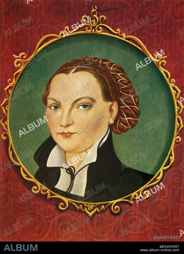 'Katharina Von Bora', (1933). Portrait of Katharina von Bora (1499-1552), wife of Martin Luther, after a miniature by Lucas Cranach the Elder. From "Gestalten Der Weltgeschichte", a book of cigarette-card portrait miniatures of figures in world history from the last four hundred years. [Germany, 1933].