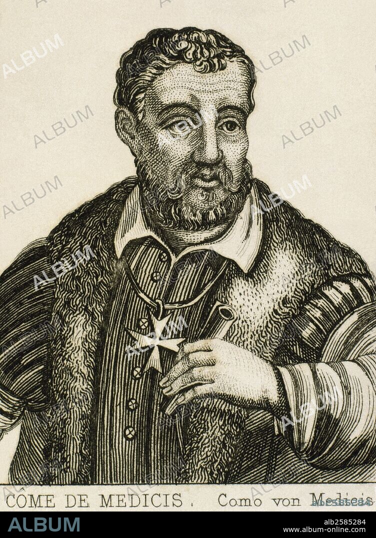 COSME I DE MEDICI (Florencia, 1519-Villa di Castello, 1574). II Duque de Florencia (1537-1569) y I Gran Duque de Toscana (1569-1574). Casado con Leonor de Toledo, hija del virrey de Nápoles, con lo que se vinculó con la política española. En 1555 conquistó Siena, convirtiéndose en duque de la ciudad y concluyendo así un largo proceso de unificación de la Toscana. Fue nombrado gran duque por el Papa Pío V (1569). Grabado del siglo XIX.