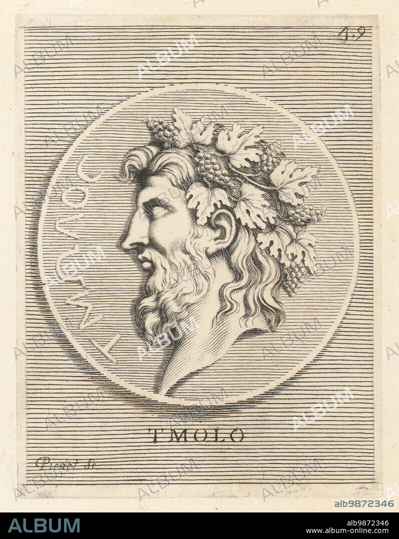 Tmolus, mythical Greek king of Lydia, husband of Omphale, and/or father of Tantalus. Bearded head crowned with vine leaves and grapes. From a bronze coin owned by Cardinal Camillo Massimo. Tmolo. Copperplate engraving by Etienne Picart after Giovanni Angelo Canini from Iconografia, cioe disegni d'imagini de famosissimi monarchi, regi, filososi, poeti ed oratori dell' Antichita, Drawings of images of famous monarchs, kings, philosophers, poets and orators of Antiquity, Ignatio deLazari, Rome, 1699.