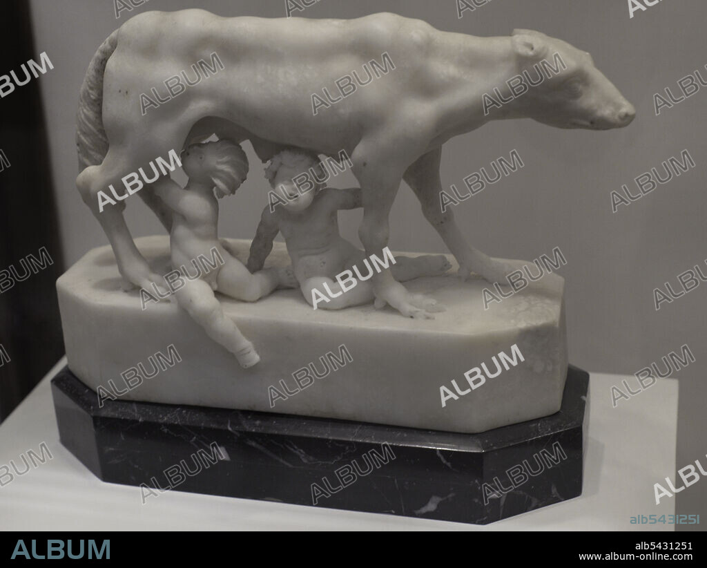 Mitología romana. Escultura de los fundadores de Roma, Rómulo y Remo amamantados por la loba Luperca. Museo Arqueológico de Gozo. Cittadella de Victoria. Gozo. Malta.