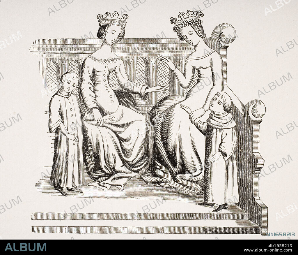 Dress of noble ladies and children in the 14th century. From miniature in Merveilles du Monde.