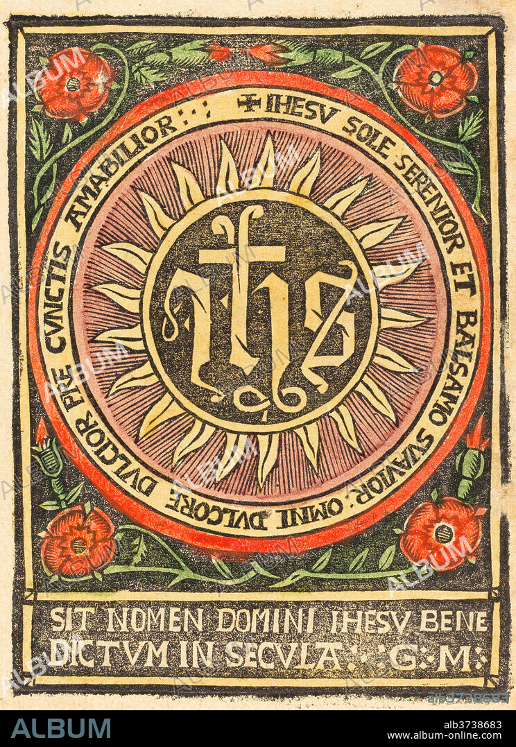 GERMAN 15TH CENTURY. Monogram JHS in a Flaming Circle. Dated: c. 1500. Medium: woodcut, hand-colored in red, green, yellow, and lavender-pink.
