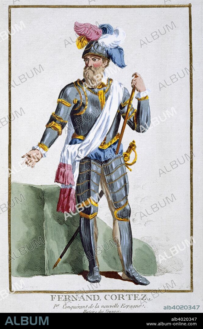 Hernan Cortes, Spanish conquistador, (1780). Landing in Mexico in 1519, with a force of only some 600 men, Cortes (1485-1547) succeeded in overthrowing the empire of the Aztecs, a civilization numbering 5 million. He was able to achieve this partly due to the natives being terrified of the Europeans' horses and firearms, neither of which they had seen before. In addition, the Aztecs believed a prophecy that they would be visited by a light-skinned bearded god, the Quetzalcoatl, who had taught them agriculture and government in the past, and whose return they were to welcome with great ceremony. Cortes was able to exploit his resemblance to the Quetzalcoatl in the eyes of the Aztecs to great effect.