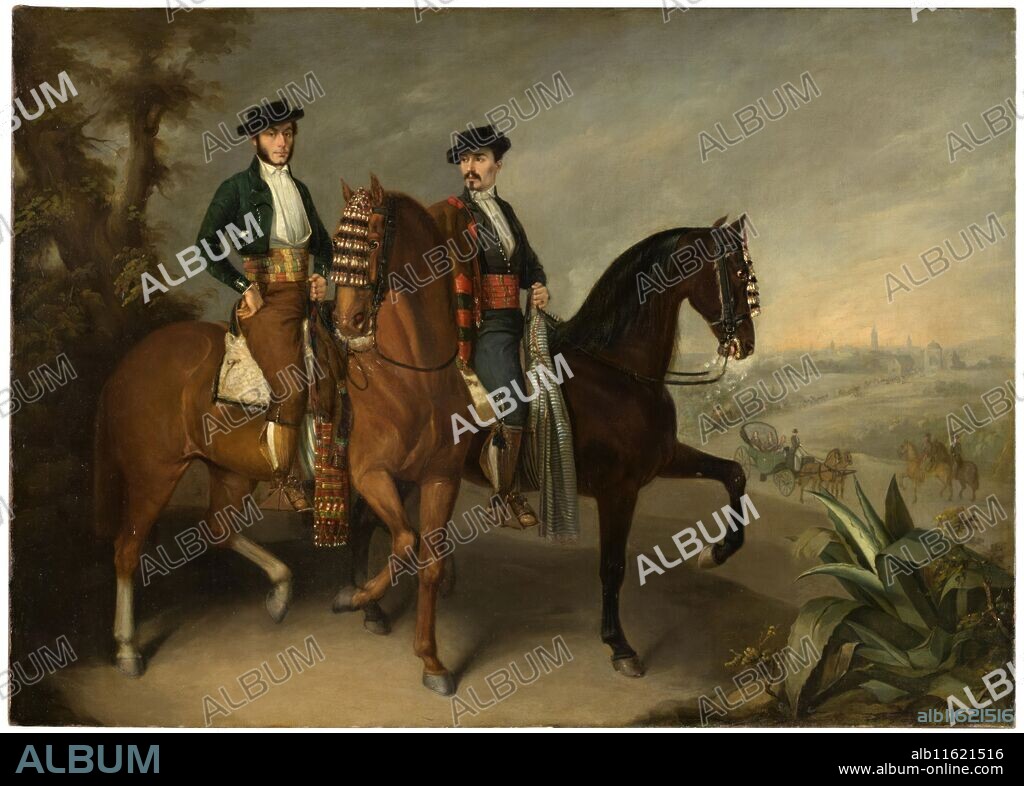 JOSÉ ROLDÁN Y MARTÍNEZ. José Roldán y Martínez / 'El marqués de la Motilla y el conde del Águila, a caballo'. Hacia 1840. Óleo sobre lienzo, 84,5 x 118 cm.