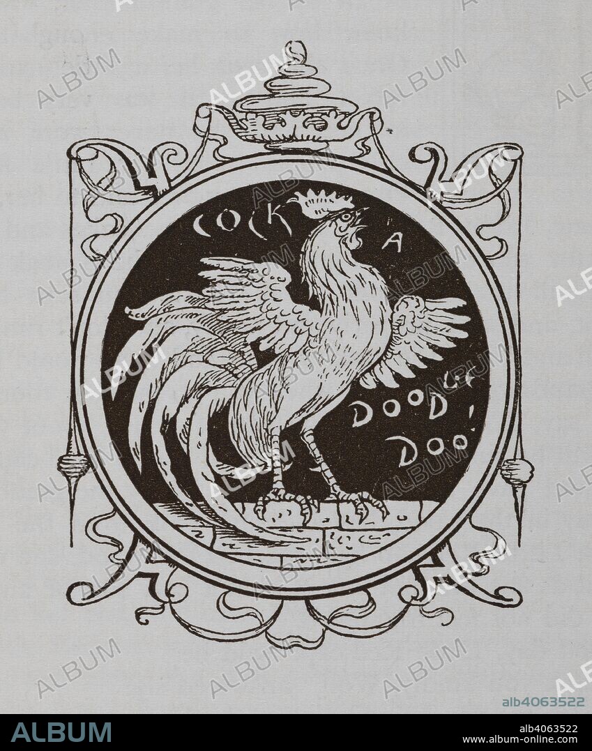 WALTER CRANE and LUCY CRANE. A cockerel crowing. . Household Stories, from the collection of the Bros. Grimm: translated from the German by L. Crane; and done into pictures by W. Crane. London : Macmillan & Co., 1882. Source: 12411.g.5. Page 131.