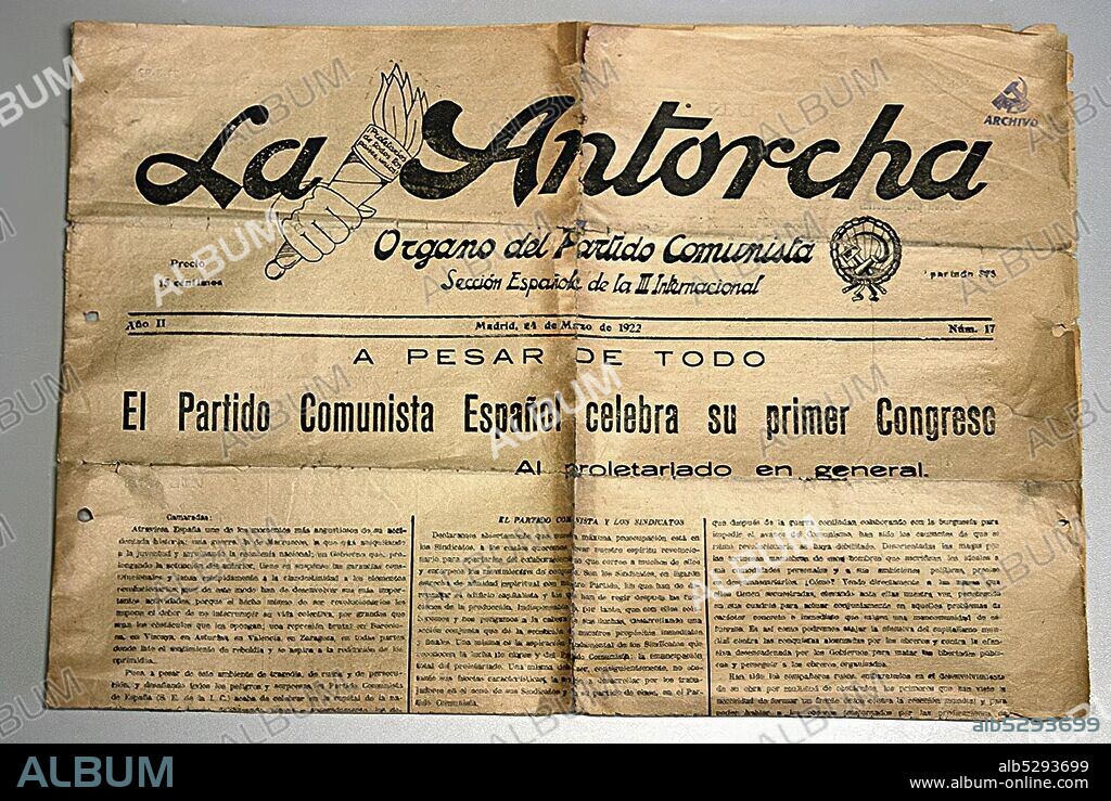 Portada del periódico del partido comunista La Antorcha,  tras la celebración del primer congreso del PCE, en 1922.