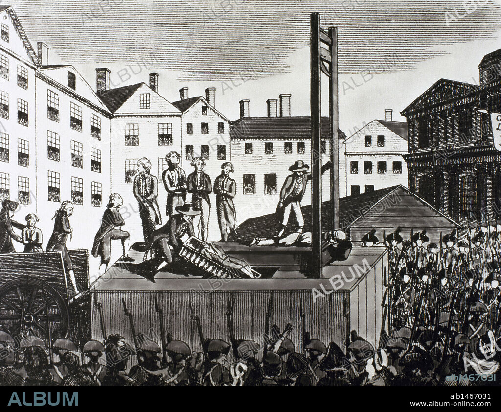 REVOLUCION FRANCESA (1789-1799). "EJECUCION DE NUEVE JOVENES EMIGRANTES QUE FUERON CONDENADOS A MUERTE POR UN TRIBUNAL REVOLUCIONARIO EN 1792". Grabado de la época.