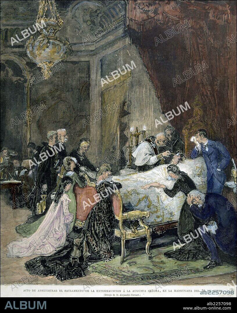 MARIA DE LAS MERCEDES ORLEANS Y BORBON. REINA DE ESPAÑA. 1860 - 1878. ESPOSA DE ALFONSO XII. " LA REINA RECIBE LA EXTREMAUNCION ". DIBUJO DE ALEJANDRO FERRANT. ILUSTRACION ESPAÑOLA Y AMERICANA.